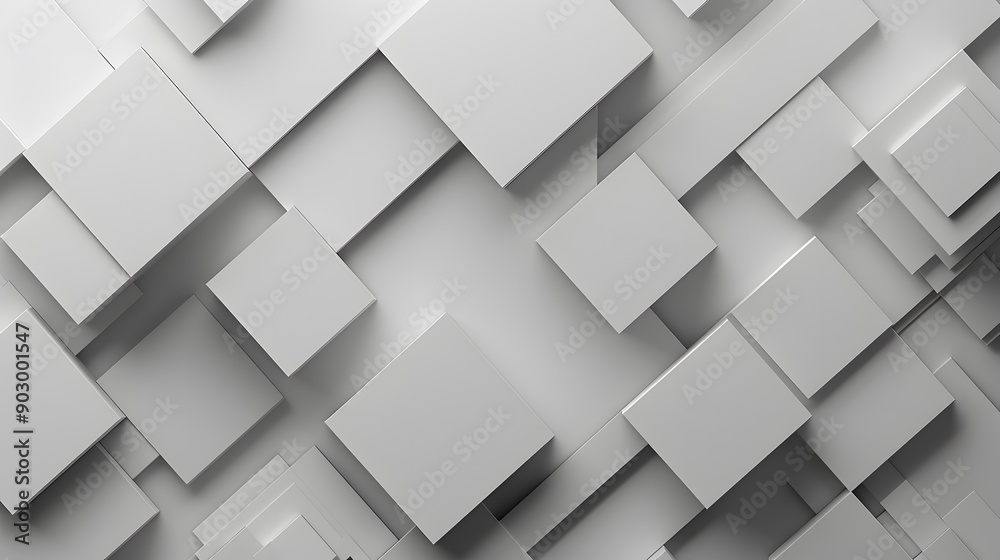 An elegant 3D geometric background with overlapping squares in shades of gray and white