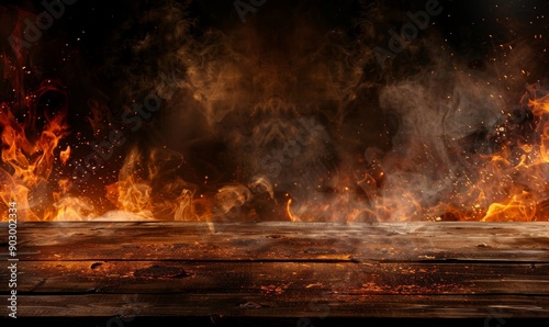 Blank wooden table with fire burning at the edge of the table, fire sparks and smoke with flames on a dark background to display products, Generative AI photo