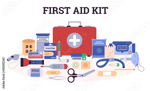 First aid kit with necessary medications vector illustration.