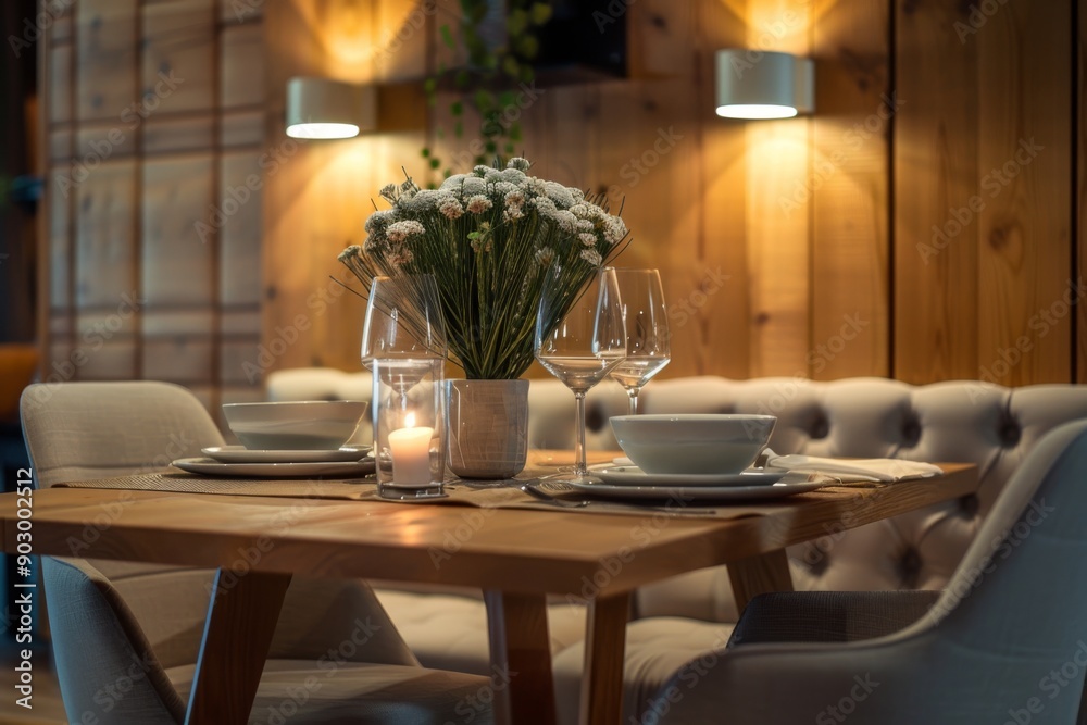 A beautifully lit dining area featuring a sleek table and chairs, perfect for a dinner party. The stylish decor creates a warm and inviting atmosphere. A beautifully lit dining area featuring a sleek table and chairs, perfect for a dinner party. The stylish decor creates a warm and inviting atmosphere.
