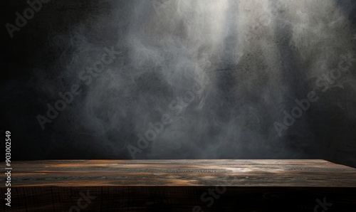 Dark smoky background with a central spotlight on an elegant wooden desk ideal for presenting new culinary products or restaurant menus, Generative AI