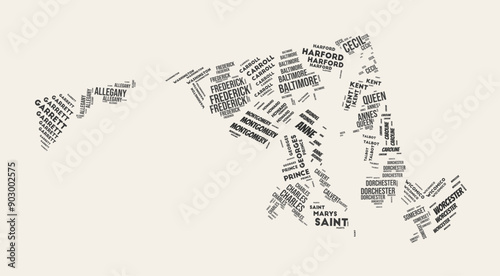 Maryland Word Cloud. State with counties division. Maryland typographic text clouds vector image design. Vintage gazette style state shape image. Beautiful vector illustration.