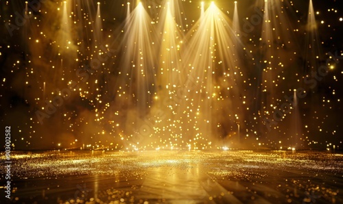 Wallpaper Mural Stage opening golden stage glitter with spotlights and luxury gold light streak. Particle luxury for ceremony background, Generative AI Torontodigital.ca