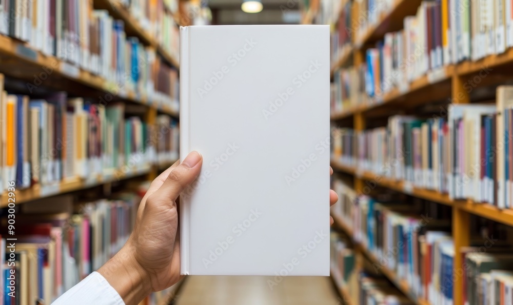 Close up blank book cover mockup being held by a person in a library, Generative AI Close up blank book cover mockup being held by a person in a library, Generative AI