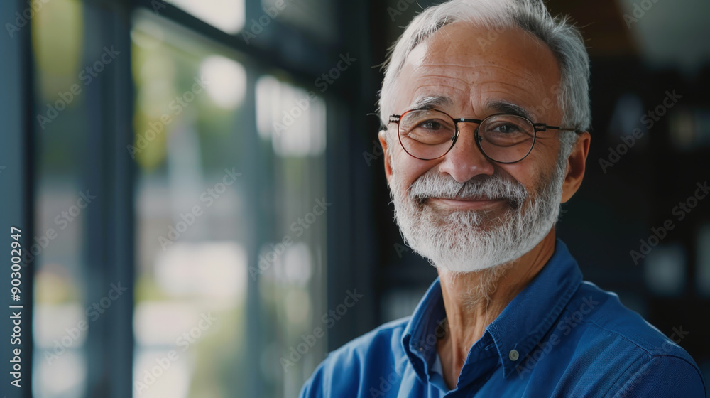 Elderly businessman smiling in modern office setting, wearing blue shirt Elderly businessman smiling in modern office setting, wearing blue shirt