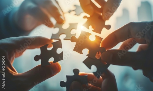 A puzzle being assembled by a team each piece representing a different aspect of their business vision and goals coming together, Generative AI photo