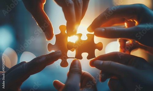 A puzzle being assembled by a team each piece representing a different aspect of their business vision and goals coming together, Generative AI