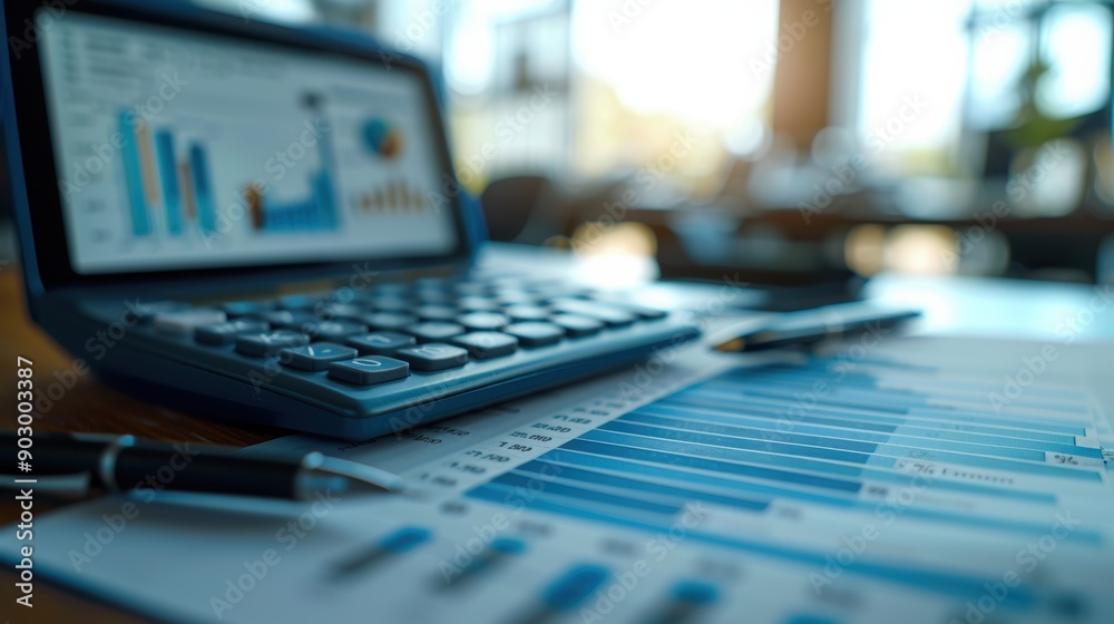 Close-up of financial charts, a calculator, and a pen on an office desk, highlighting a professional and organized work environment. Close-up of financial charts, a calculator, and a pen on an office desk, highlighting a professional and organized work environment.