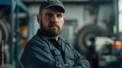 White male mechanic, copy space, looking at the subject with a serious or sad expression