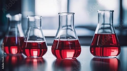 Laboratory glassware with red liquid. Scientific research and development concept. The concept of blood laboratory testing