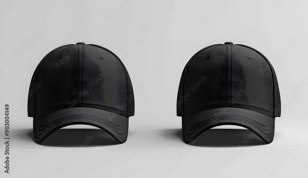 Fototapeta premium Black baseball cap mockup template on a white background, showing the front and back views. 