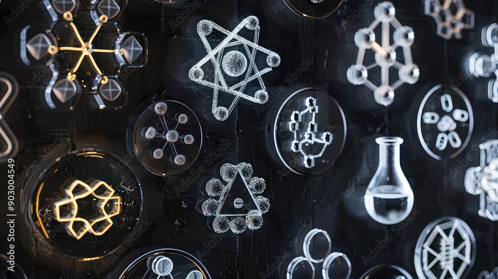 Fototapeta premium artistic arrangement where chemistry element signs are used to create intricate patterns or designs, combining science with creative expression.