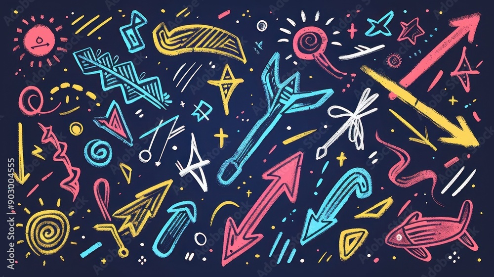 Obraz premium Cute and expressive hand-drawn doodles including arrows, sparkles, and emphasis marks, capturing the playful essence of anime and cartoon-style illustrations for creative and decorative purposes.