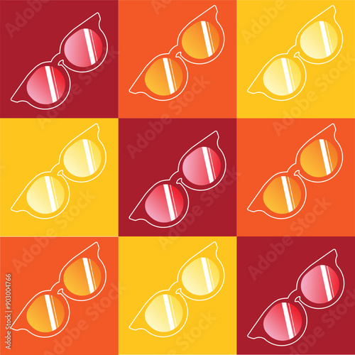 A vibrant pattern featuring multiple sets of sunglasses in various shades of red, orange, and yellow. The repeating design elements create a lively and dynamic composition.