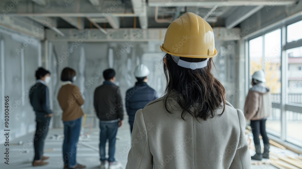 A group of construction workers are standing in a room, some wearing hard hats. Scene is serious and focused, as the workers are likely discussing plans or safety measures for their project A group of construction workers are standing in a room, some wearing hard hats. Scene is serious and focused, as the workers are likely discussing plans or safety measures for their project
