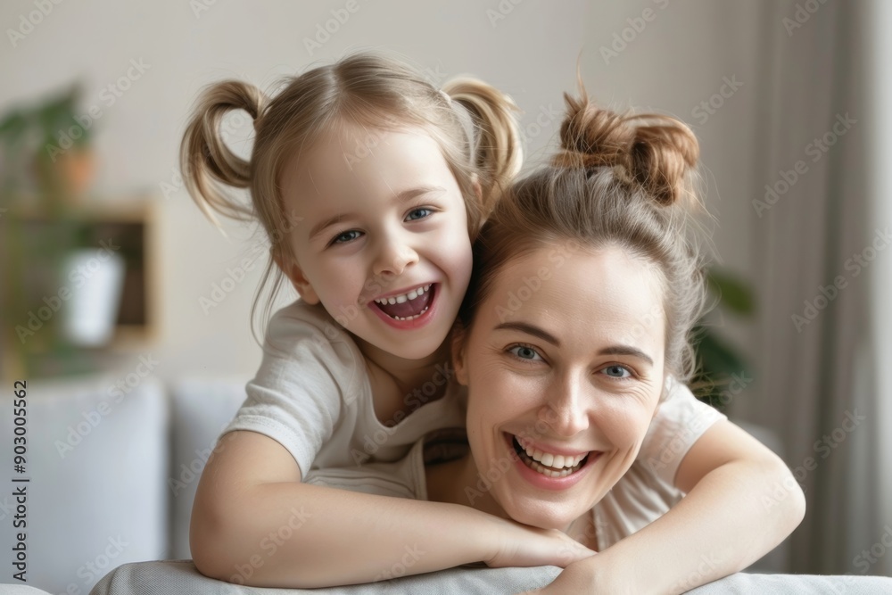 Excited pretty woman and little girl playing and spending time together, cute daughter embracing mommy from behind, sitting on sofa, Generative AI Excited pretty woman and little girl playing and spending time together, cute daughter embracing mommy from behind, sitting on sofa, Generative AI