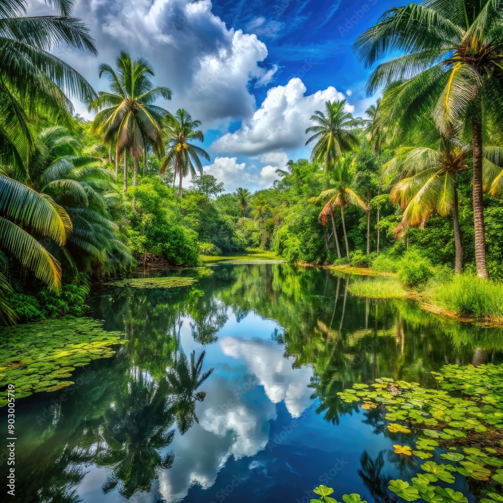 Lush Tropical Oasis With Crystal Clear Water Surrounded by Palm Trees and Vibrant Greenery. Generative AI Lush Tropical Oasis With Crystal Clear Water Surrounded by Palm Trees and Vibrant Greenery. Generative AI