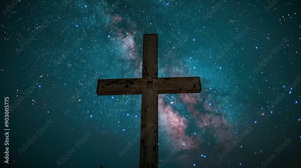 Wooden cross set against a serene starry night sky, creating a peaceful and spiritual atmosphere, suitable for religious and inspirational imagery. Wooden cross set against a serene starry night sky, creating a peaceful and spiritual atmosphere, suitable for religious and inspirational imagery.