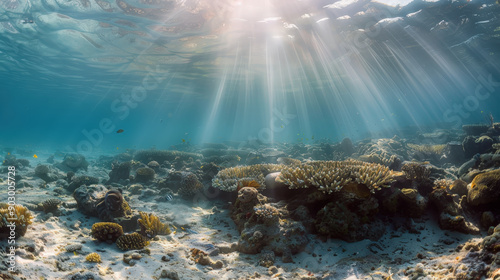 Sunlight Filtering Through Water Illuminating Coral Reef Underwater