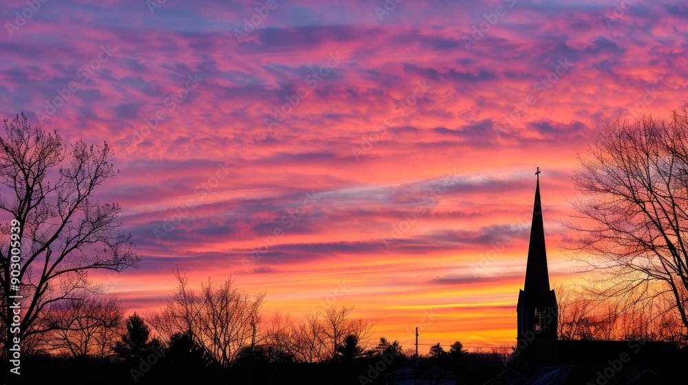 Obraz premium Sunset view with the silhouette of a church steeple, framed by a beautifully colored evening sky.