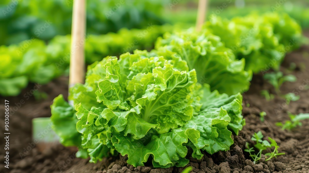 A bunch of green lettuce is growing in a garden. The lettuce is surrounded by dirt and is growing in a field A bunch of green lettuce is growing in a garden. The lettuce is surrounded by dirt and is growing in a field
