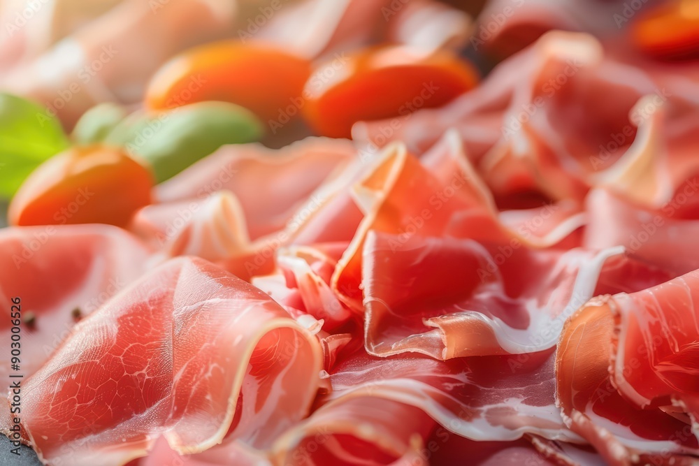 Prosciutto explosion displaying thin slices of cured ham with an array of accompaniments Prosciutto explosion displaying thin slices of cured ham with an array of accompaniments