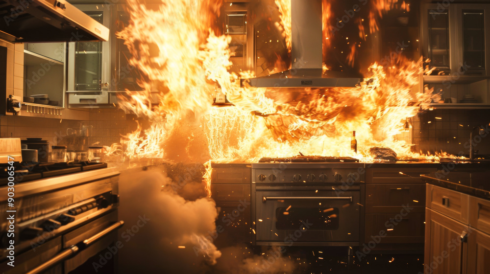 The stove caught fire in a modern kitchen. Fire in the kitchen, bright flames. Concept of accident, tragedy. The stove caught fire in a modern kitchen. Fire in the kitchen, bright flames. Concept of accident, tragedy.