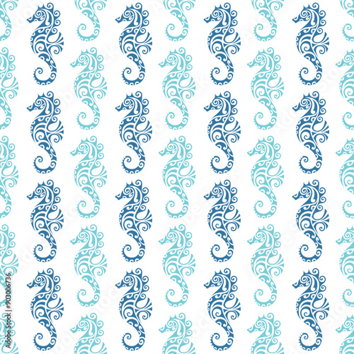 seamless pattern with seahorse maori style. Blue colors