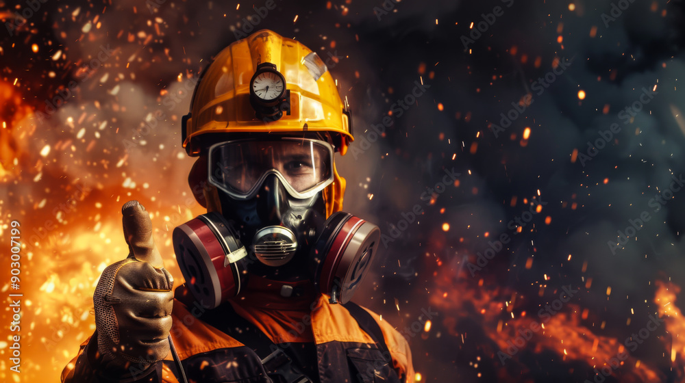 A portrait of a young firefighter in a protective helmet, a respirator and protective glasses shows a thumbs up against a background of bright flames. Emergency and rescue concept. A portrait of a young firefighter in a protective helmet, a respirator and protective glasses shows a thumbs up against a background of bright flames. Emergency and rescue concept.