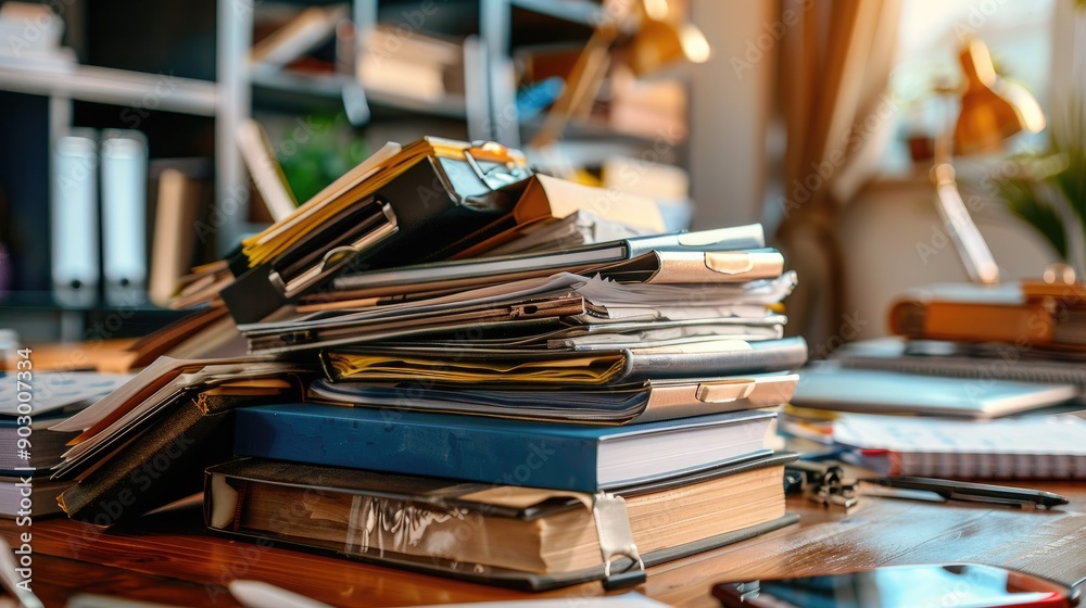 Various folders and binders piled up on an office table, showing a hectic but organized workspace Various folders and binders piled up on an office table, showing a hectic but organized workspace