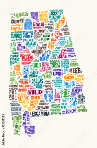 Alabama counties word cloud. State logo design. Counties typography style vector image. Alabama colored text cloud. Amazing vector illustration.