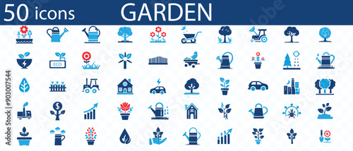 Garden flat icons set. Flowers, plot, dacha, grass, watering can, trees, care, digger icons and more signs. Flat icon collection