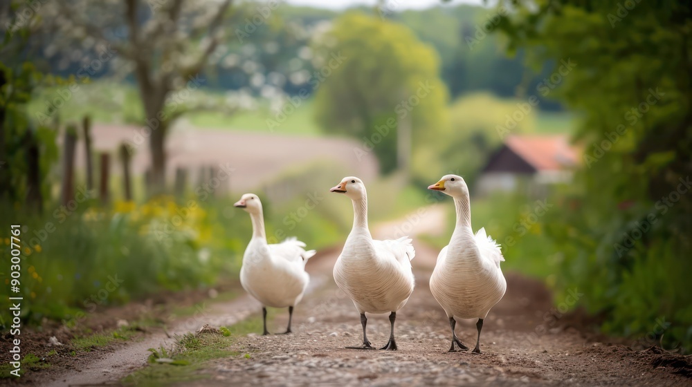 Obraz premium Three white geese walk down a dirt road. The road is surrounded by a field of yellow flowers