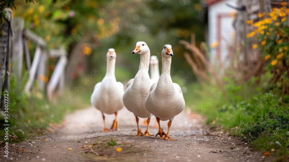 Three white ducks walk down a dirt road. The road is surrounded by trees and bushes. The ducks are walking in a line, with one duck in front of the other two Three white ducks walk down a dirt road. The road is surrounded by trees and bushes. The ducks are walking in a line, with one duck in front of the other two