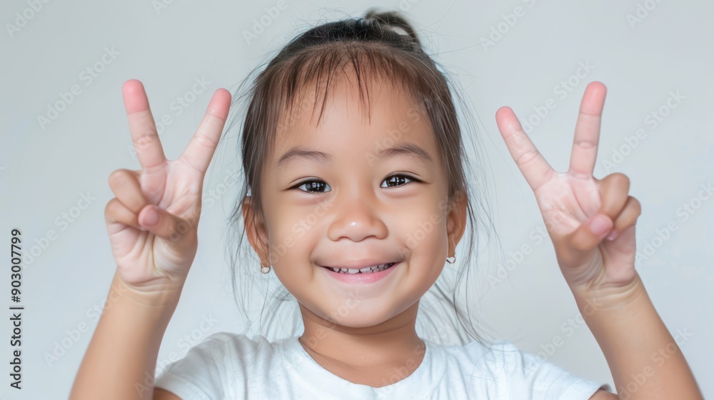 Close-up of a child making a peace sign with both hands, participating in a peace-themed activity isolated white background Close-up of a child making a peace sign with both hands, participating in a peace-themed activity isolated white background