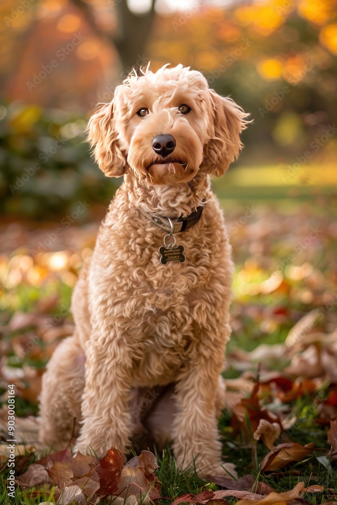 Goldendoodle Sitting in Autumn Leaves Goldendoodle Sitting in Autumn Leaves