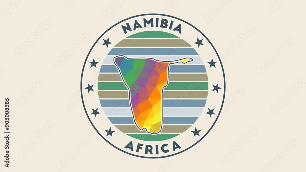 Namibia intro video. Badge with the circular name and map of the country in low poly tech geometric style. Artistic country round logo animation.