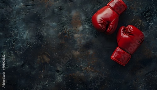 Two Red boxing gloves on a dark background with copy space, in a top view, stock photo with space for text.