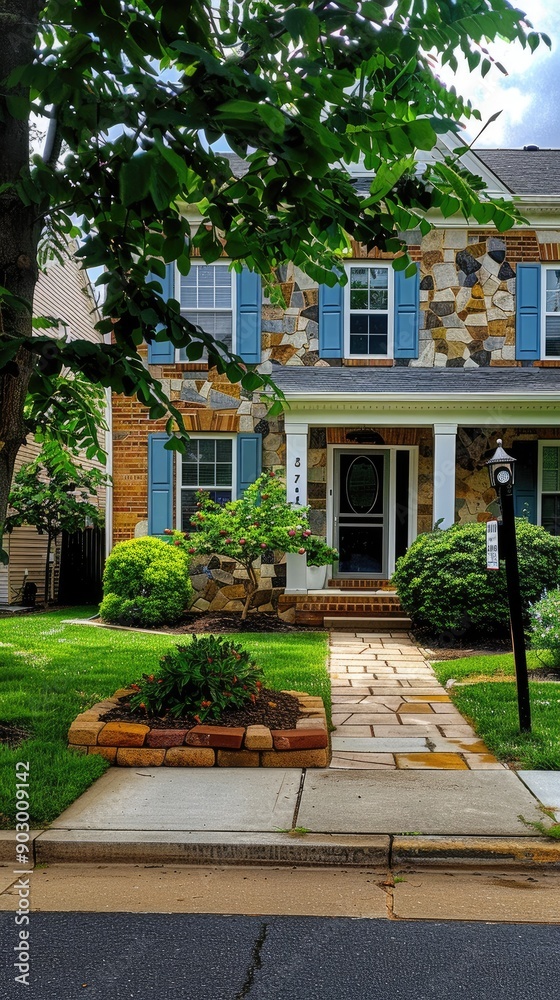 A beautiful stone house with large windows and a well-manicured lawn, set against a clear blue sky on a sunny afternoon A beautiful stone house with large windows and a well-manicured lawn, set against a clear blue sky on a sunny afternoon