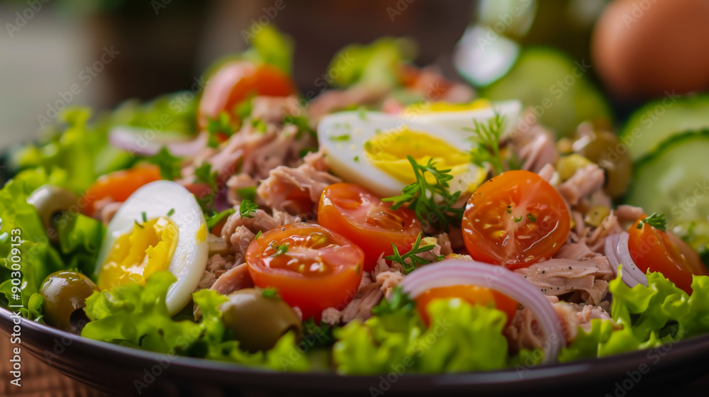 Fresh salad with leaves, tuna, fresh tomatoes, red onion and egg in a dark plate on a dark table. Appetizing salad with tuna. Concept of food, salads. Fresh salad with leaves, tuna, fresh tomatoes, red onion and egg in a dark plate on a dark table. Appetizing salad with tuna. Concept of food, salads.