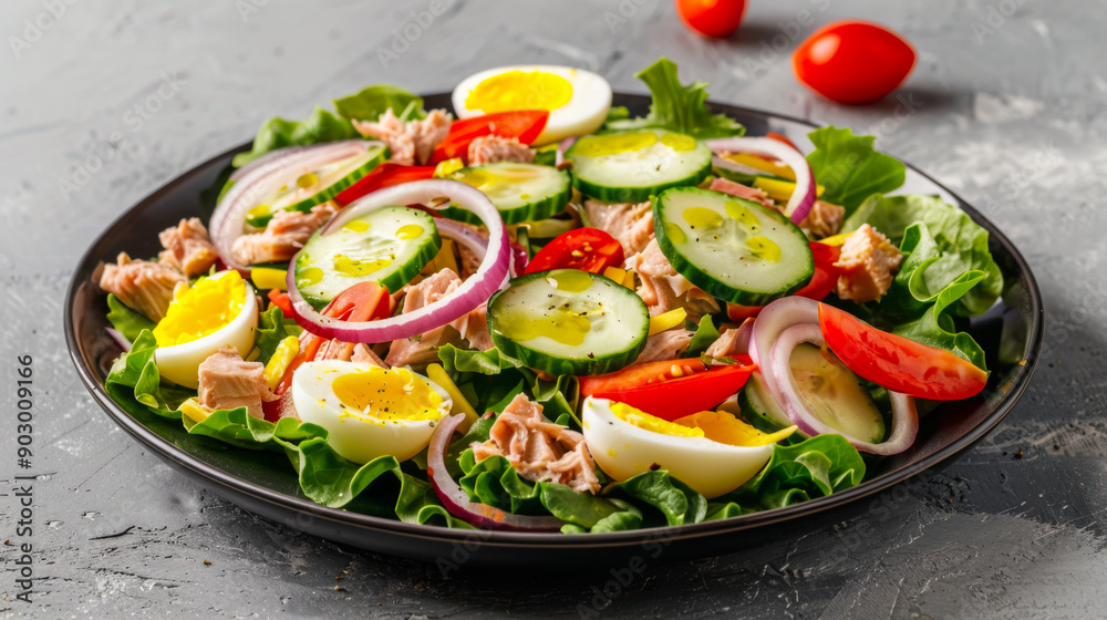 Fresh salad with leaves, tuna, fresh tomatoes, red onion and egg in a dark plate on a dark table. Appetizing salad with tuna. Concept of food, salads.