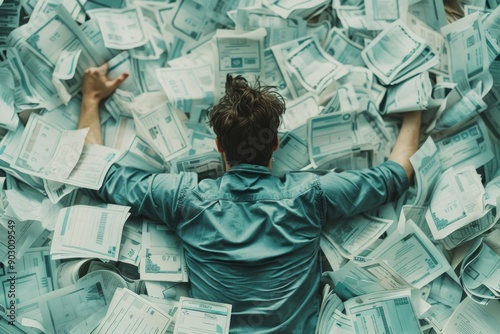 Man drowning in a sea of bills and invoices, representing financial overwhelm.