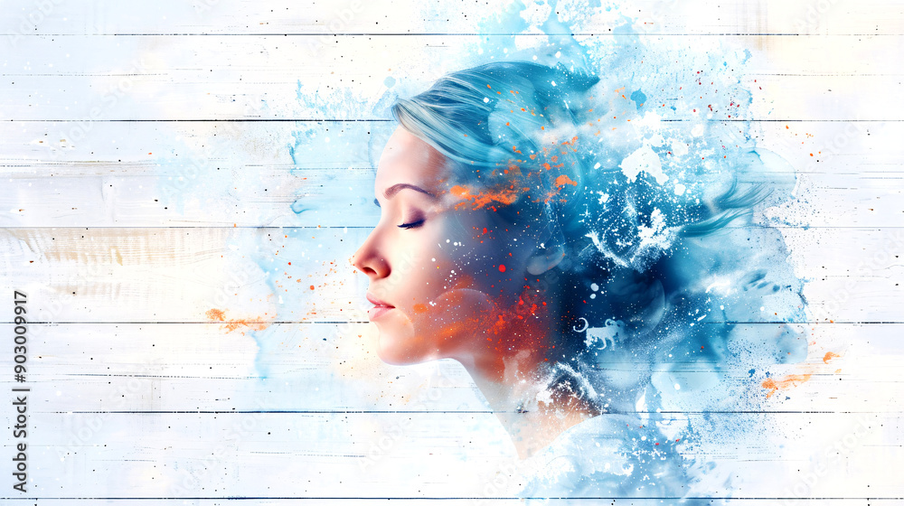 Fototapeta premium A woman's face is painted with blue and orange splatters, giving the impression of a dreamy, ethereal look