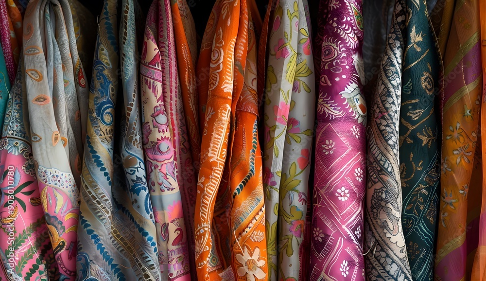 A collection of vibrant scarves and fabrics in an old fabric shop, showcasing the beauty of traditional Indian textile designs, ultra realistic and hyper detailed A collection of vibrant scarves and fabrics in an old fabric shop, showcasing the beauty of traditional Indian textile designs, ultra realistic and hyper detailed