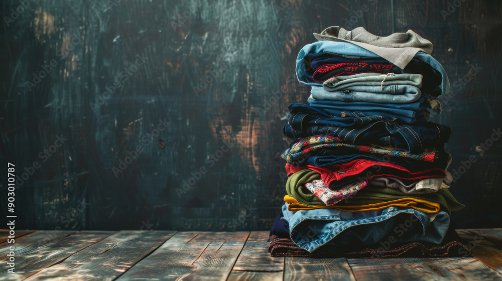 Obraz premium Close-up of a stack of clean clothes on a wooden shelf against a dark background. Copy space.