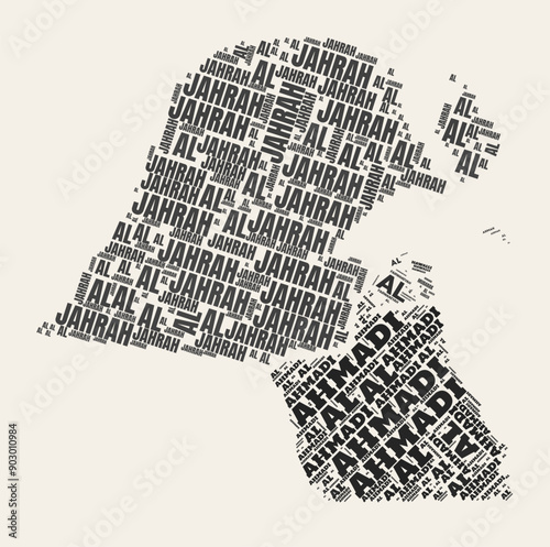 Kuwait Word Cloud. Country with regional divisions. Kuwait typographic text clouds vector image design in a vintage gazette style. Awesome vector illustration.