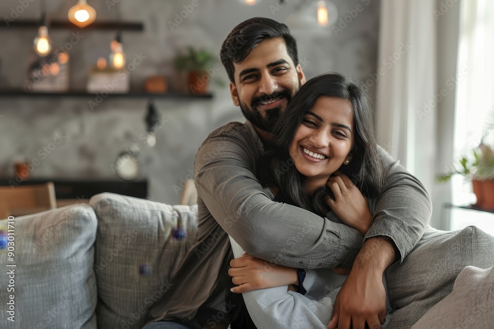Fototapeta premium Loving indian spouses embracing, sitting on sofa in modern living room, husband hugging his wife and beaming with smiles together at camera, Generative AI
