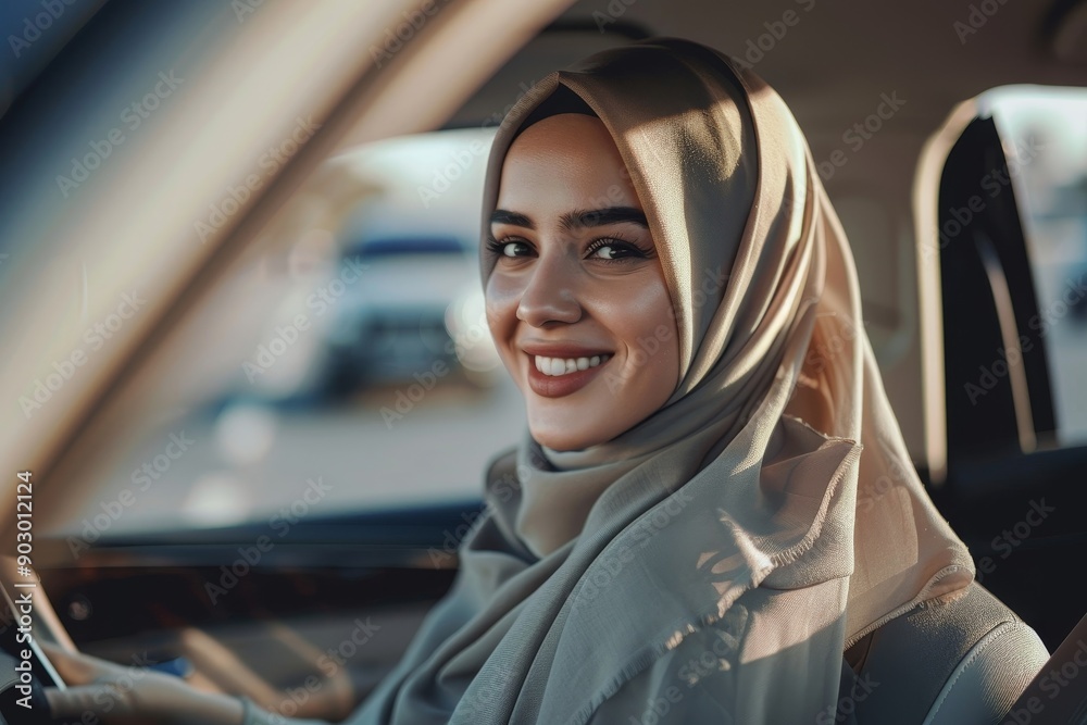 Excited muslim woman in hijab testing new luxury car, sitting on front seat half-turned back and smiling at camera, Generative AI
