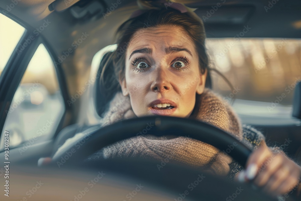 Obraz premium Front view portrait of scared woman driving car before an accident and looking with frightened facial expression, Generative AI