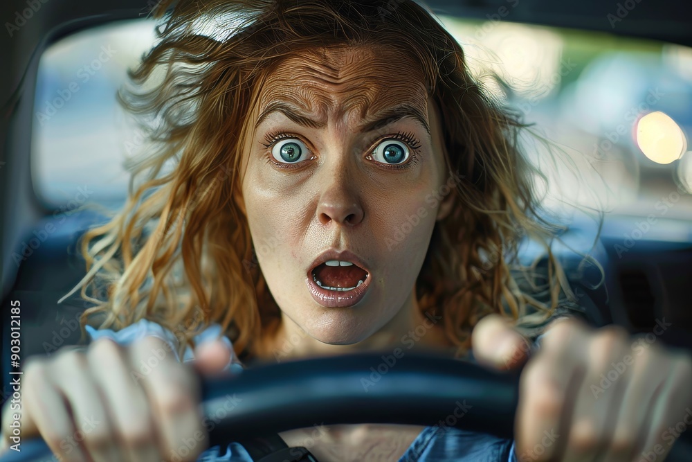 Front view portrait of scared woman driving car before an accident and looking with frightened facial expression, Generative AI Front view portrait of scared woman driving car before an accident and looking with frightened facial expression, Generative AI